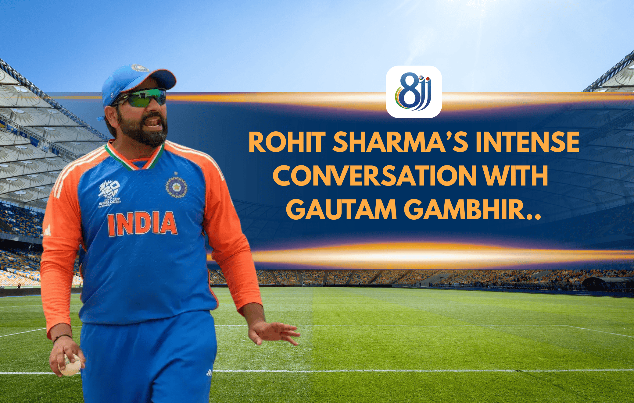 Rohit Sharma in cricket uniform at stadium during lively discussion with Gautam Gambhir.