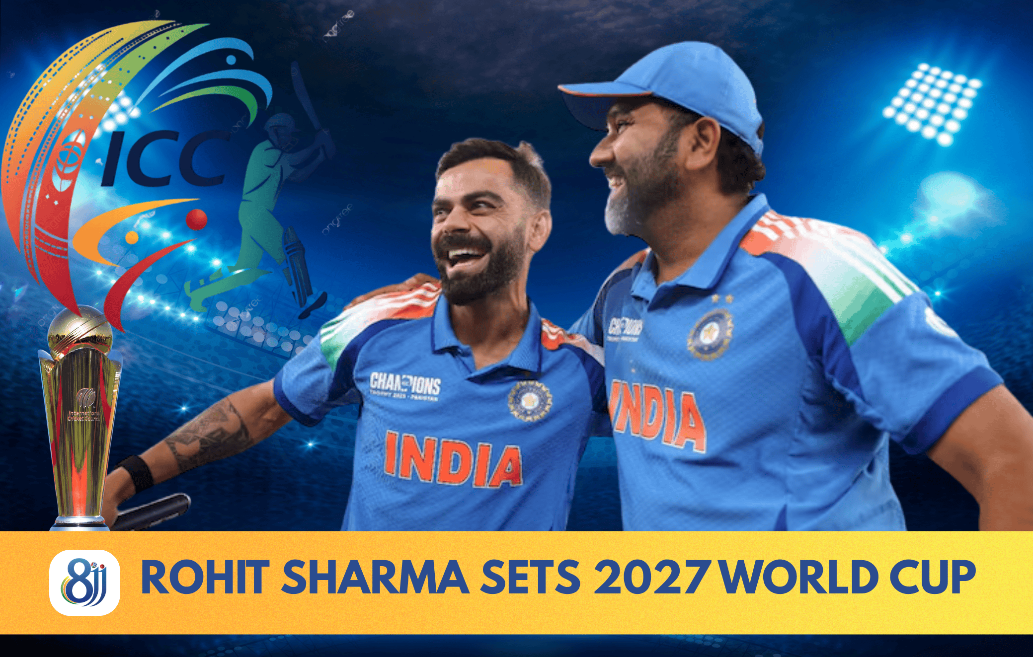 India cricket players celebrating their 2027 World Cup qualification victory, with the ICC logo in the background.