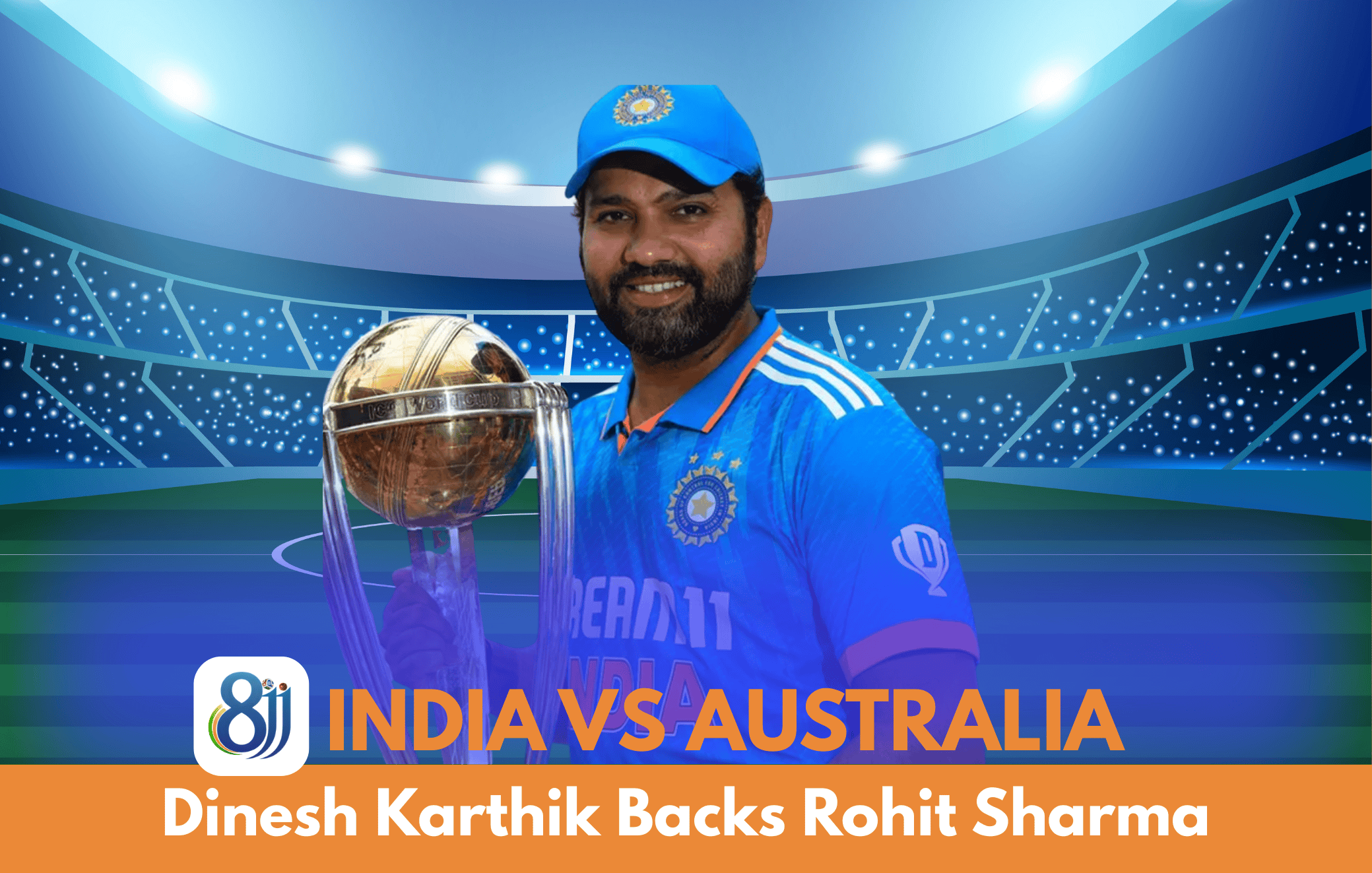 Cricketer Dinesh Karthik celebrating India's victory with ICC trophy at a stadium.